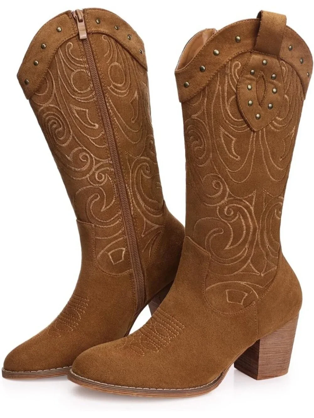 Women Camel Western Pointed Toe Chunky Heel Embroidered Mid Calf Cowgirl Boot